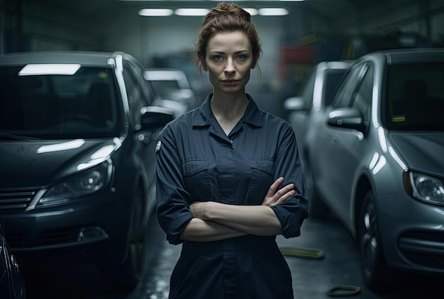 female service technician with arms crossed on workshop bench in auto repair shop