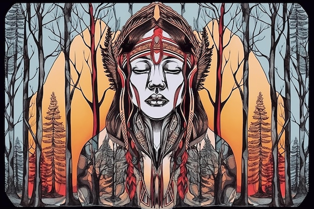 Female shaman wise woman connecting with spirits in forest tribal vibe ai generative