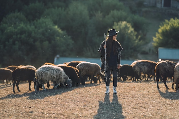 Foto pastore femminile e gregge di pecore in un prato