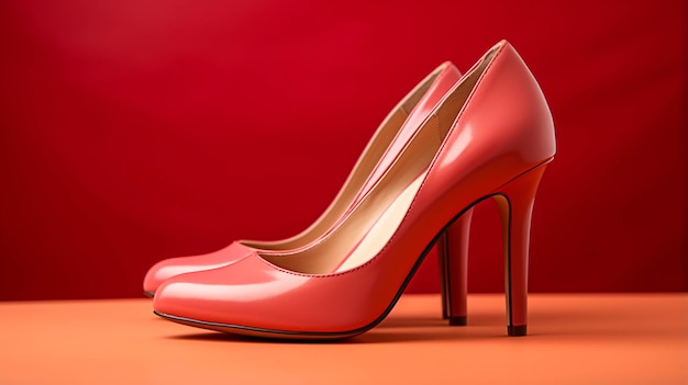 빨간색 배경에 여성 신발