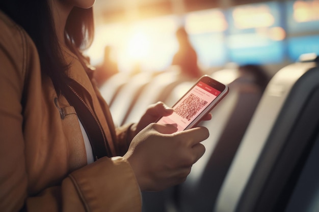 Photo female showing journey tickets in smartphone