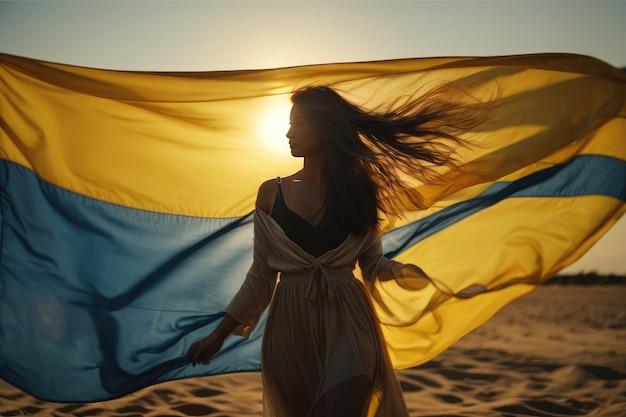 female silhouette holds a Ukrainian flag fluttering in the wind beautifully illuminated by the sun