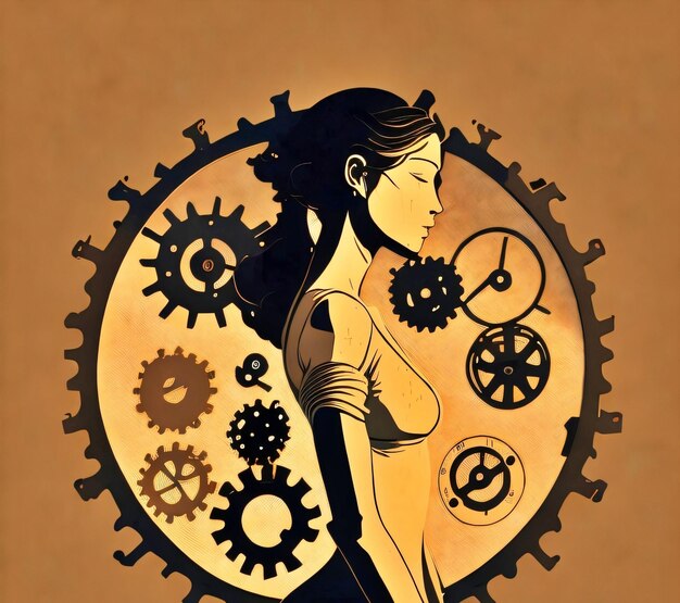 female silhouette is with gears on brown backgroundtechnology concept