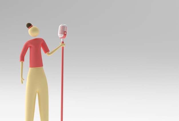 Photo female singer cartoon in front of a vintage microphone 3d render design.