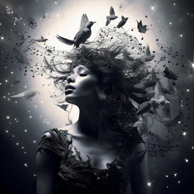 female singer surrounded with musical notes and birds