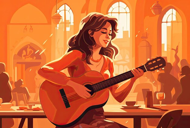 female singer using an acoustic guitar is depicted in a vector cartoon design