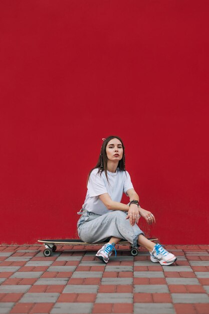 female skater posing at camera sitting on a skateboard on the street on a background of red wall