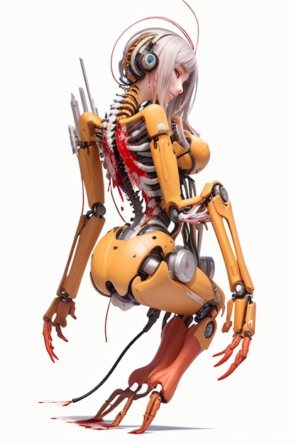 A female skeleton with a yellow top and a white background.