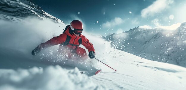 female skier flying by in the style of anamorphic lens