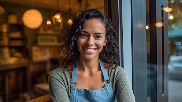 A female small business owner smiling at front door with arms folded Generative Ai