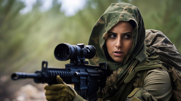 Female Sniper in Camouflage Gazing with Determination