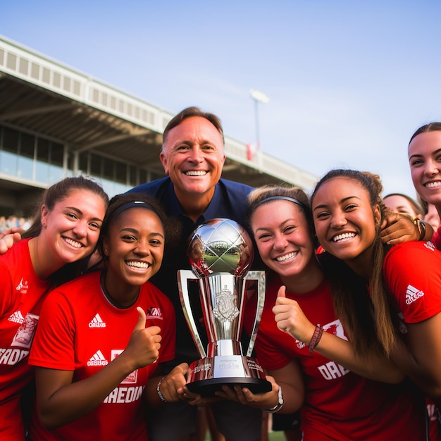 female soccer coaches and players win the matchh