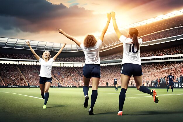 Female soccer fans in stadium celebrating victory enjoying after a football championship