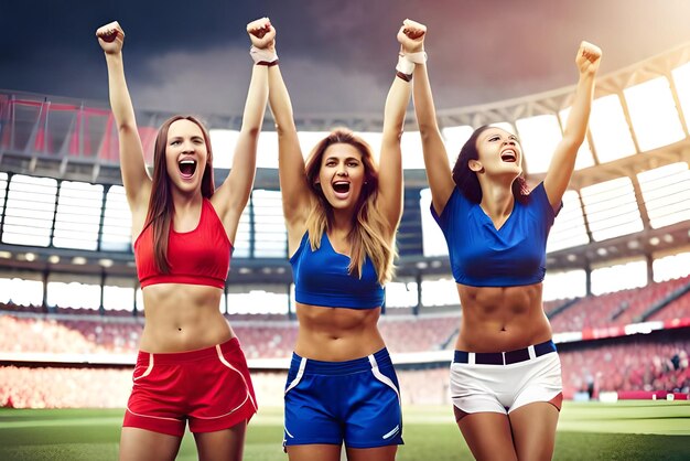 Foto tifosi di calcio femminili allo stadio che celebrano la vittoria godendosi dopo un campionato di calcio