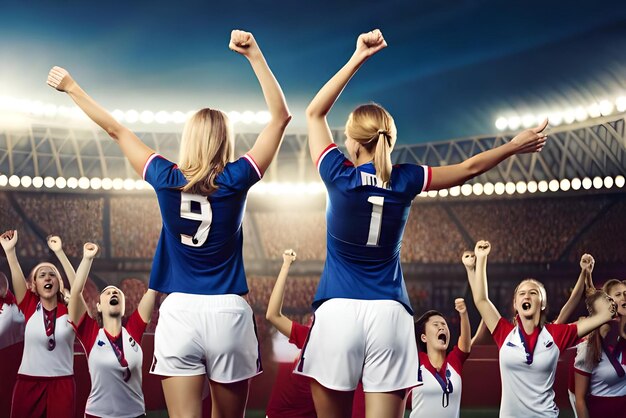 Female soccer fans in stadium celebrating victory enjoying after a football championship