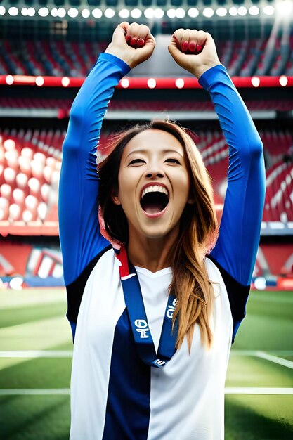 Foto tifosi di calcio femminili allo stadio che celebrano la vittoria godendosi dopo un campionato di calcio