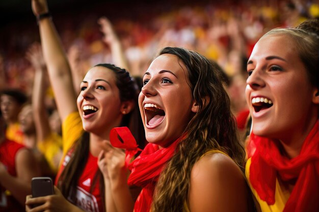 Female soccer fans in stadium celebrating victory enjoying after a football championship