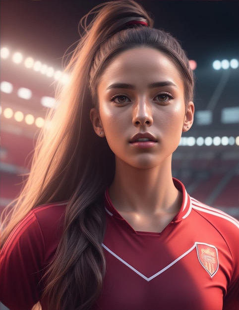 Female soccer player celebrating a goal in a stadium at night