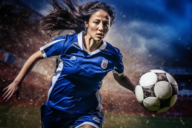 Female soccer player dribbling ball on the pitch