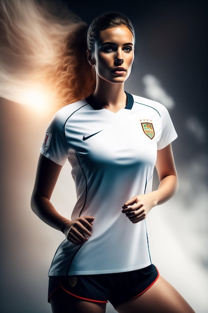 サッカーと書かれた白いシャツを着た女子サッカー選手。