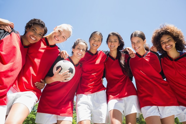 女の子、サッカー、チーム、クリア、青、空