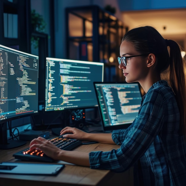 Foto ingegnere del software donna che codifica in un elegante ufficio per una grande azienda tecnologica