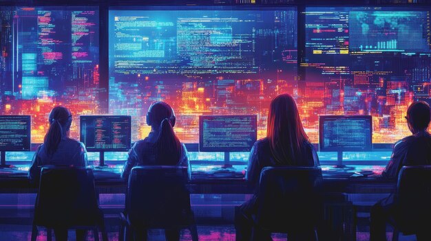 female software engineer presenting complex code in a hightech workspace with multiple screens displaying data analysis and programming interfaces at night