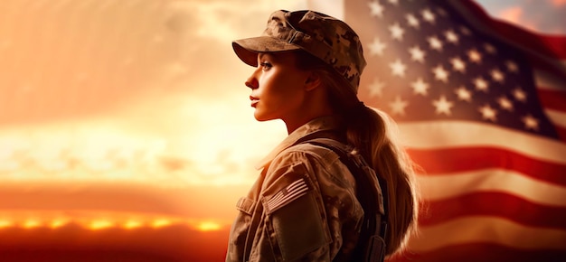 female soldier and an american flag