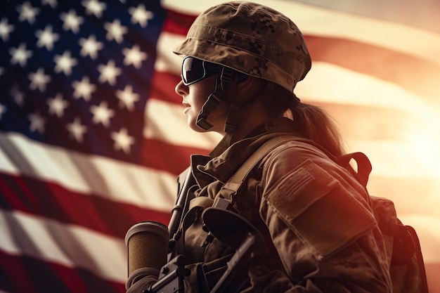 Фото Женщина-солдат и американский флаг