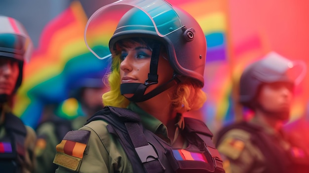 A female soldier wearing a helmet and a rainbow flag