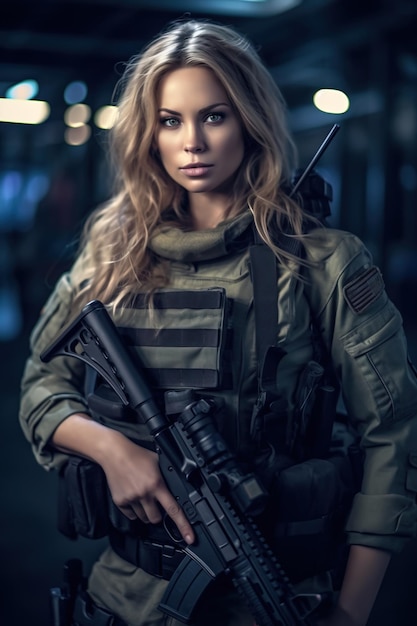 Female soldier with a gun in her hands