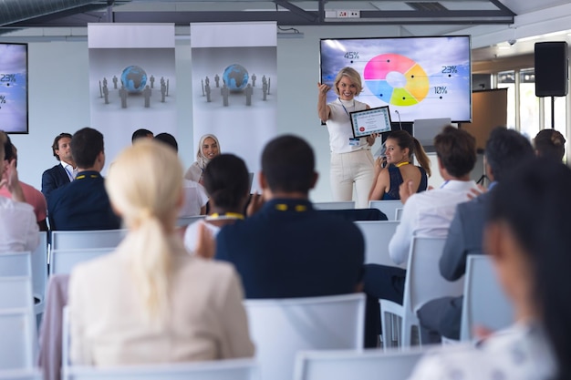 female speaker announcing award in a business seminar