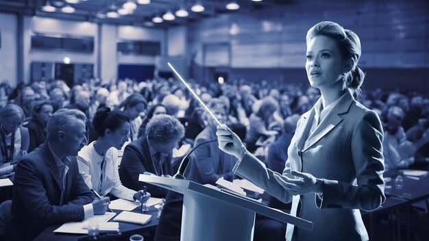 Female speaker giving presentation in hall at workshop audience or conference hall