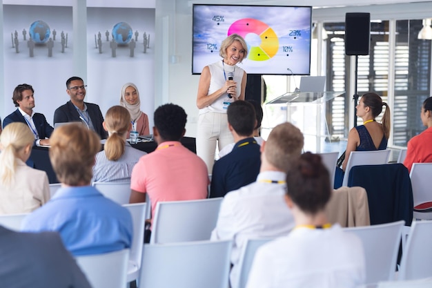 female speaker speaks in a business seminar