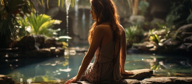 female in sportswear sitting on poolside near tropical resort while relaxing during summer vacation at daytime