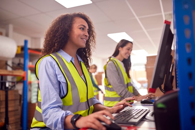 Female Staff In Busy Modern Warehouse Working On Computer Terminals