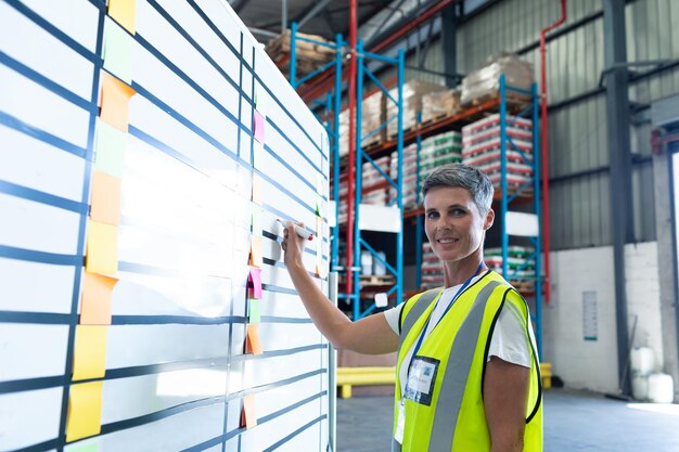 Female staff writing on whiteboard in warehouse