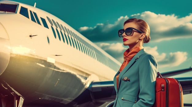 Female stewardess on the background of the plane