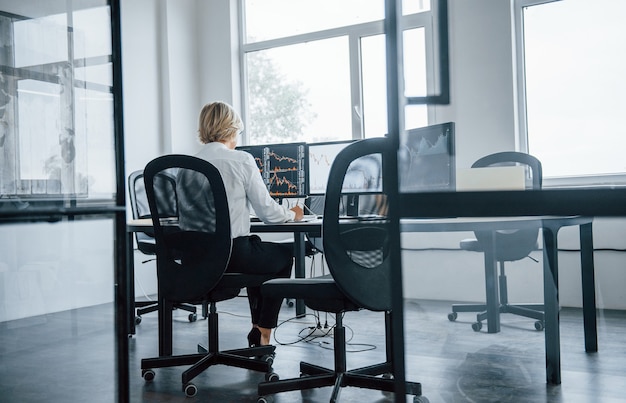 Female stockbroker in formal clothes works in the office with financial market.