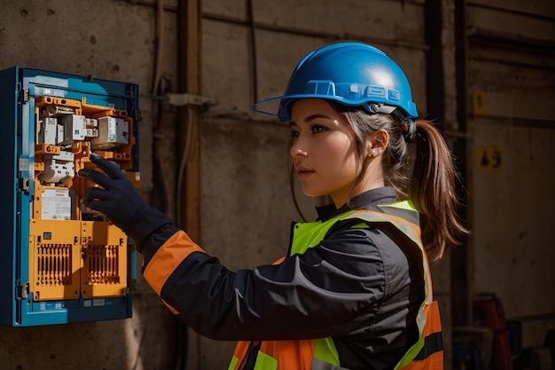 Female strong commercial electrician at work on a fuse box adorned in safety gear glove