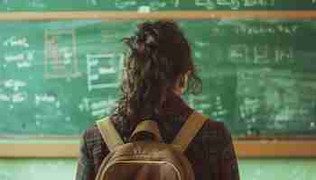 Photo female student on blackboard background