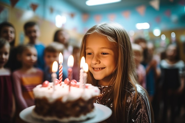 Ученица задувает свечу на праздновании своего дня рождения в начальной школе