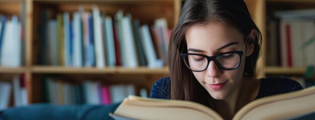 女性の学生が図書館で深く勉強している