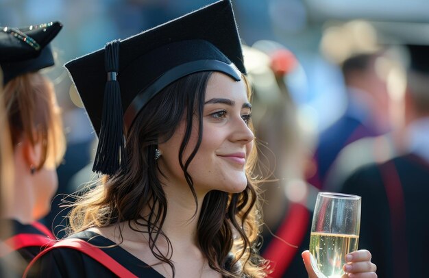 Foto studente femminile che tiene un bicchiere di champagne il giorno della sua laurea