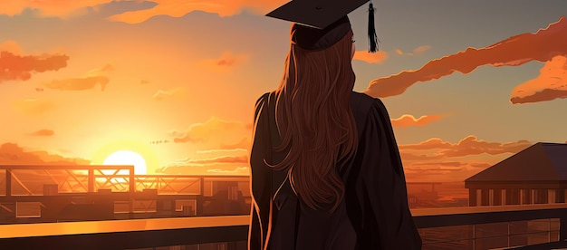a female student is in graduation cap at sunset outside in the style of softedged