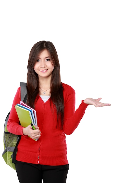 Female student pointing up