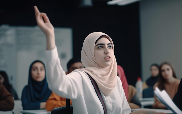 Female Student Raising Hand To Ask Question In Classroom AI Generative AI