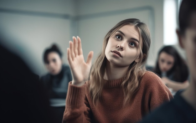 Foto studentessa che alza la mano per porre domande in classe ai generativa