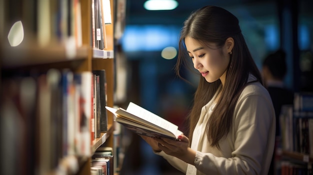 図書館の棚の近くで本を読んでいる女性学生