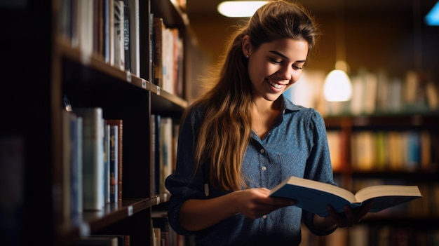 大学図書館で本棚の前に立って本を読んでいる女性学生